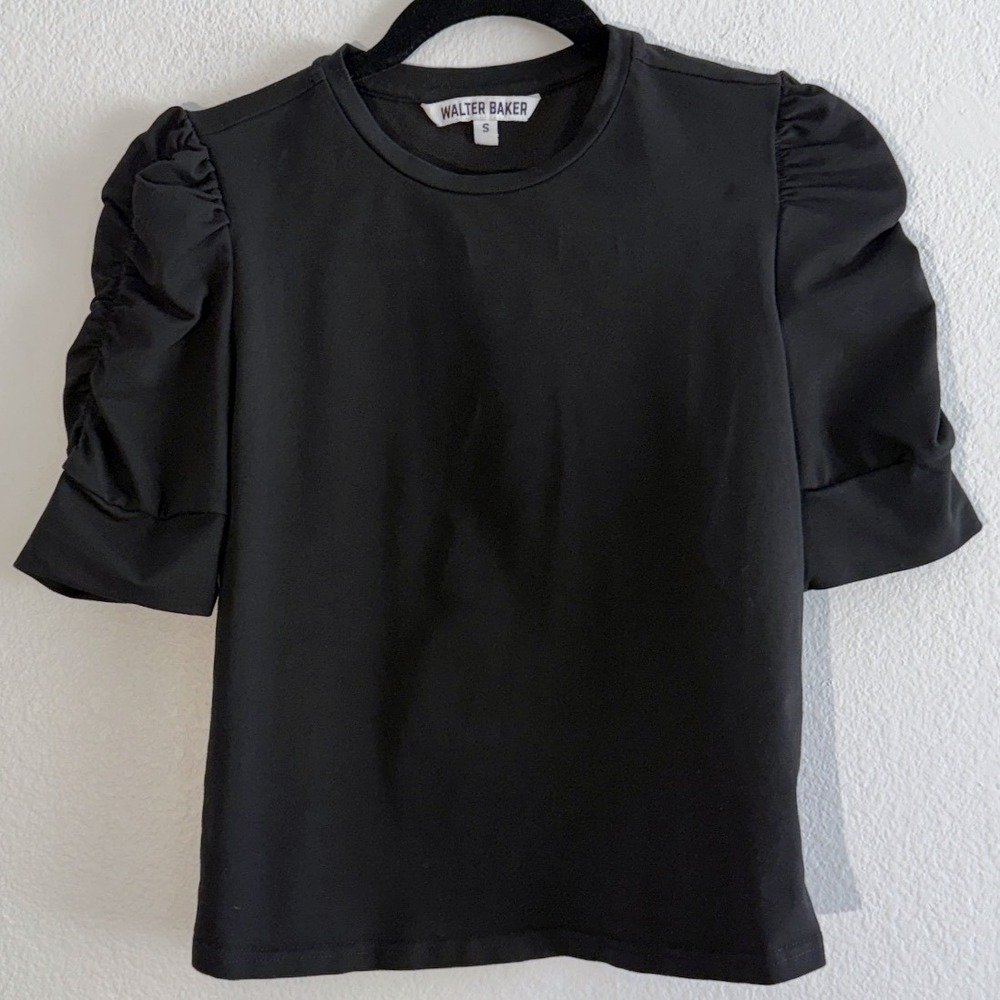 Walter Baker Black Puff Ruched Sleeve Crew Neck Top Blouse Womens Small